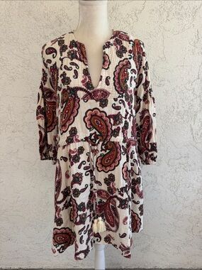 ZARA Cream drawstring V-Neck Boho Tunic Top Dress size Large made in India